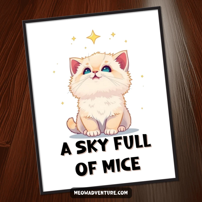 Funny fluffy kitten looking up at a dazzling starry night sky, high-resolution digital art print, for instant magical decor.