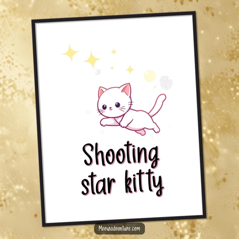 Funny digital art print of a playful cat leaping through a vibrant starry sky, joyfully chasing a shimmering moonbeam.