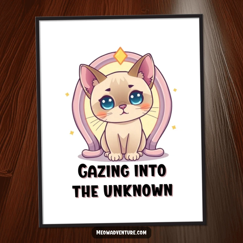 Funny Curious Siamese Cat Portal Digital Art Print showing a Siamese cat gazing into a glowing magical portal. A downloadable, humorous artwork.