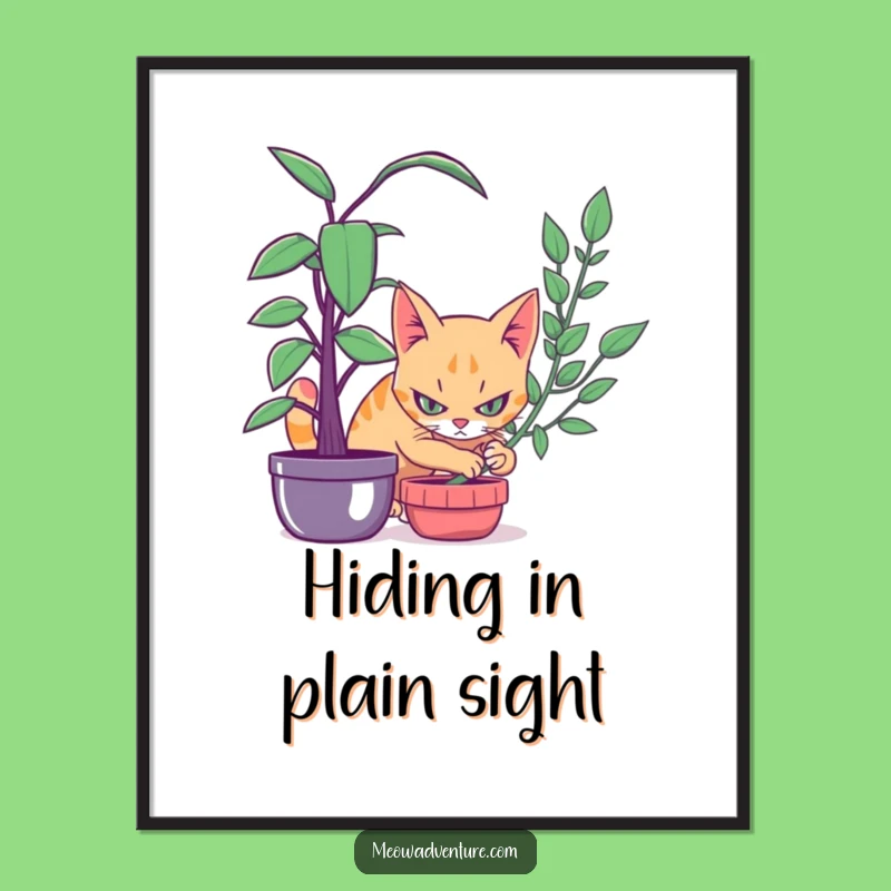 Funny Stealthy Cat Houseplant Digital Art - Instant Funny Wall Decor