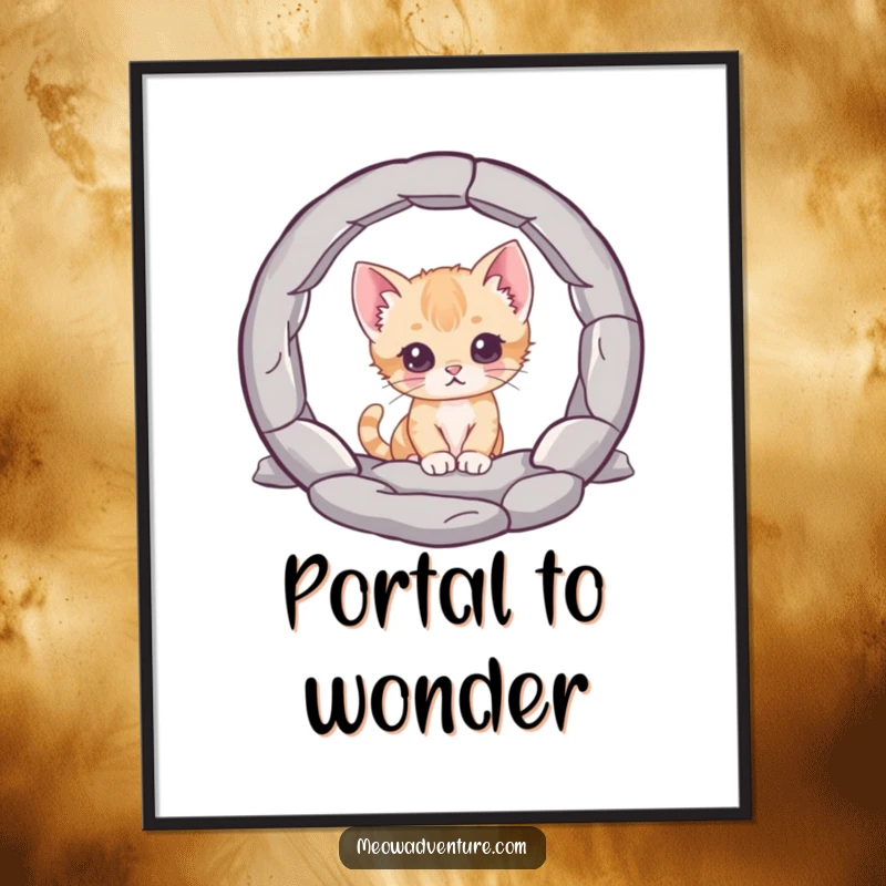 Funny digital art print, a curious kitten character peering into a mysterious portal, bringing wonder and a sense of playful exploration to decor.