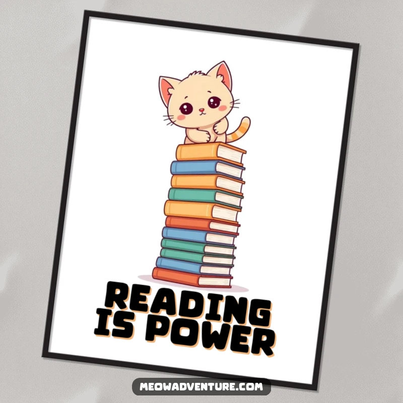 Funny kitten climbing a huge stack of books, as a digital art print, ideal for home decoration.