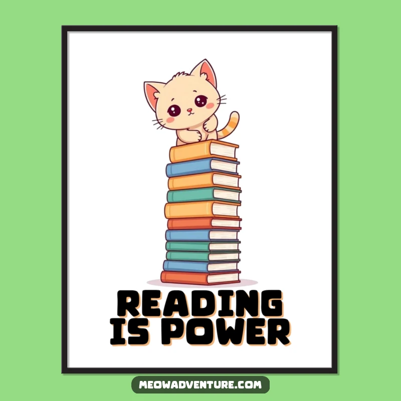 Funny Kitten Book Climb Digital Art Print: Hilarious Wall Art for Readers' Spaces