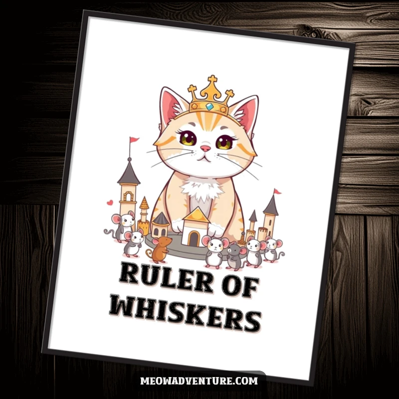 Funny digital art print of a regal cat surveying its miniature kingdom of toy mice, bringing instant majesty and humor home.