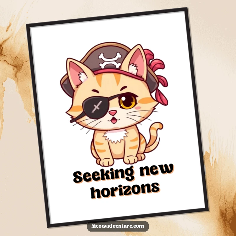 Funny mischievous cat pirate with an eye patch and hat, looking adventurous, ready to be printed.