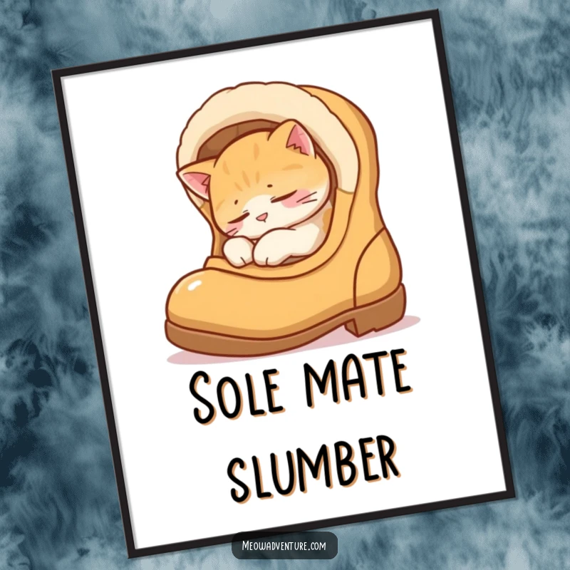 Funny digital art print of a cat sleeping soundly inside a boot, offering a humorous and cozy decorative element for any room.