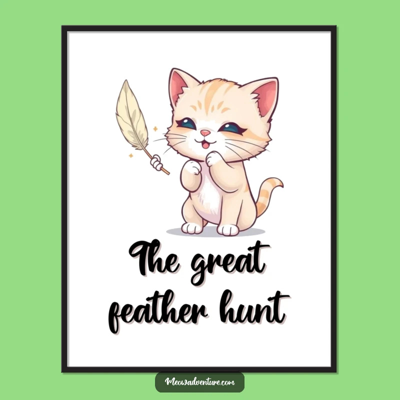 Funny Mischievous Kitten Digital Art: Feather Play, Hilarious Cat Wall Decor Download