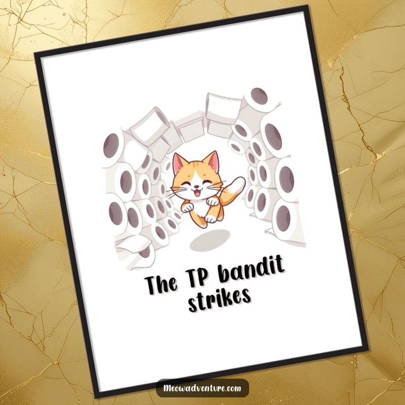 Funny swift cat dashing through a tunnel of toilet paper rolls, as a charming digital art print.