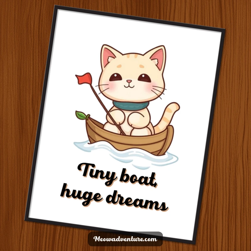 Funny cat sailing a leaf boat, whimsical digital art, perfect for printable wall decor and funny gift.