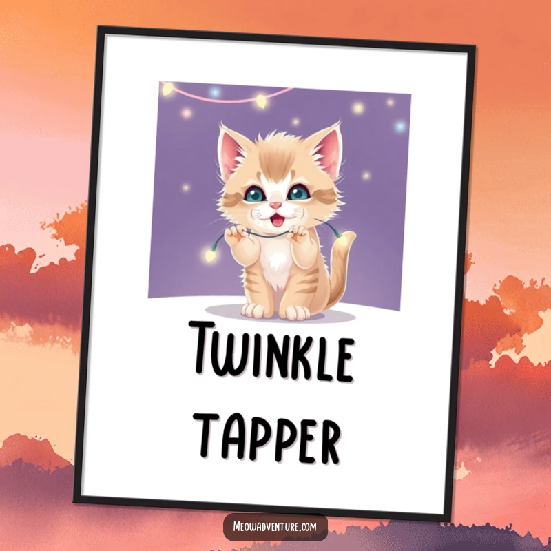 Funny digital art print of a mischievous kitten batting playfully at a string of twinkling, glowing fairy lights.