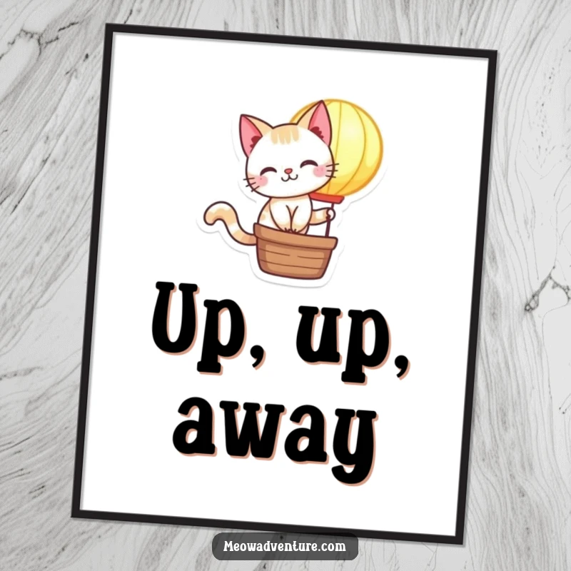 Funny Cat Digital Art Print: A mischievous cat rides a glowing hot air balloon, creating visually engaging and humorous wall decor.