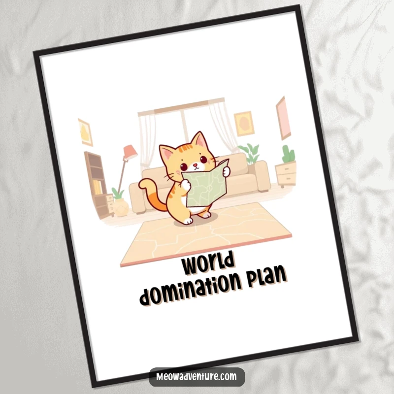 Funny digital art print of a determined cat with a map, plotting a course across a living room floor, conveying strategy.