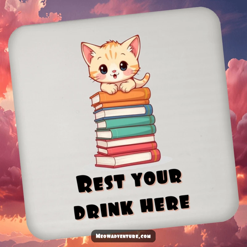 Adventurous kitten drink coaster featuring a cat climbing a stack of books, adding literary charm and surface protection.