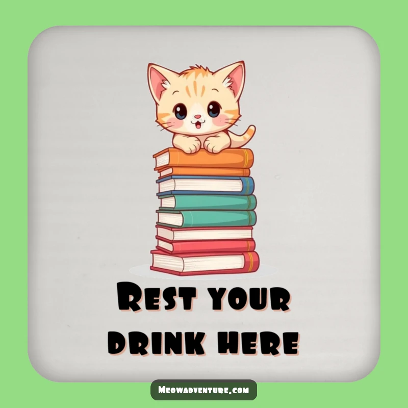 Adventurous Kitten Book Climb Drink Coaster: Protect Surfaces with Flair