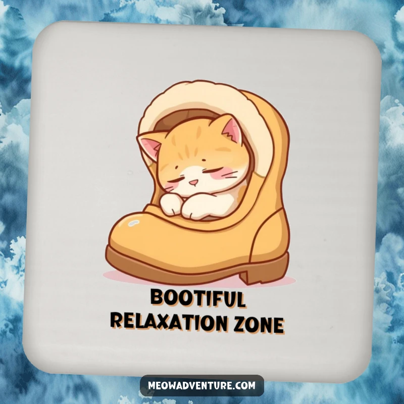Funny coaster featuring a cat peacefully sleeping inside a boot, providing humorous and cozy protection for tables.