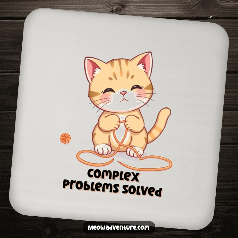 Funny cat coasters, clever feline navigating a yarn maze, humorous table protection, ideal funny gift for home decor.