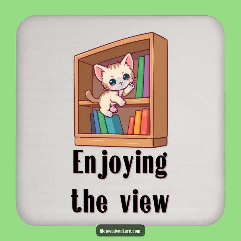 Funny Curious Kitten Coasters (Set of 4): Bookshelf Scaling - Protect Surfaces with Literary Flair!