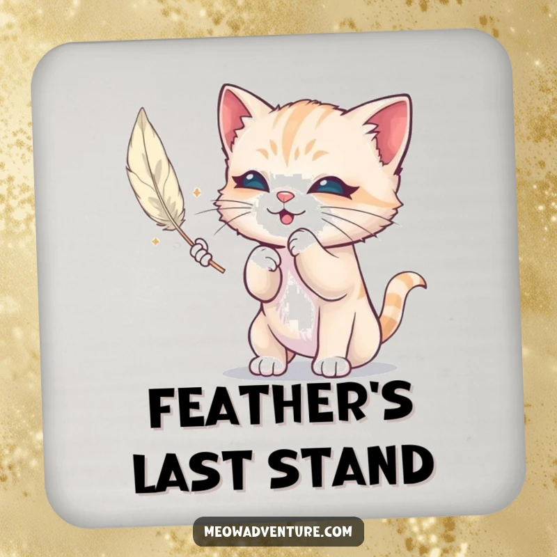 Funny drink coaster featuring a mischievous kitten batting at a floating feather, adding a humorous and protective element to any table.