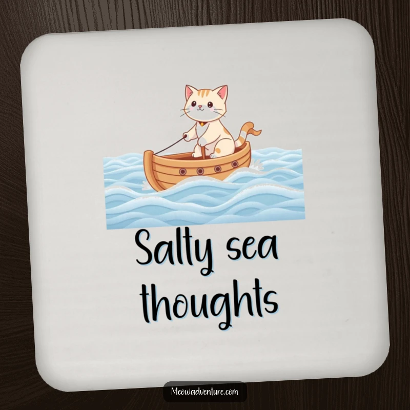 Funny drink coaster depicting a brave cat sailing a toy boat on a carpet ocean, adding a humorous touch to any drink.