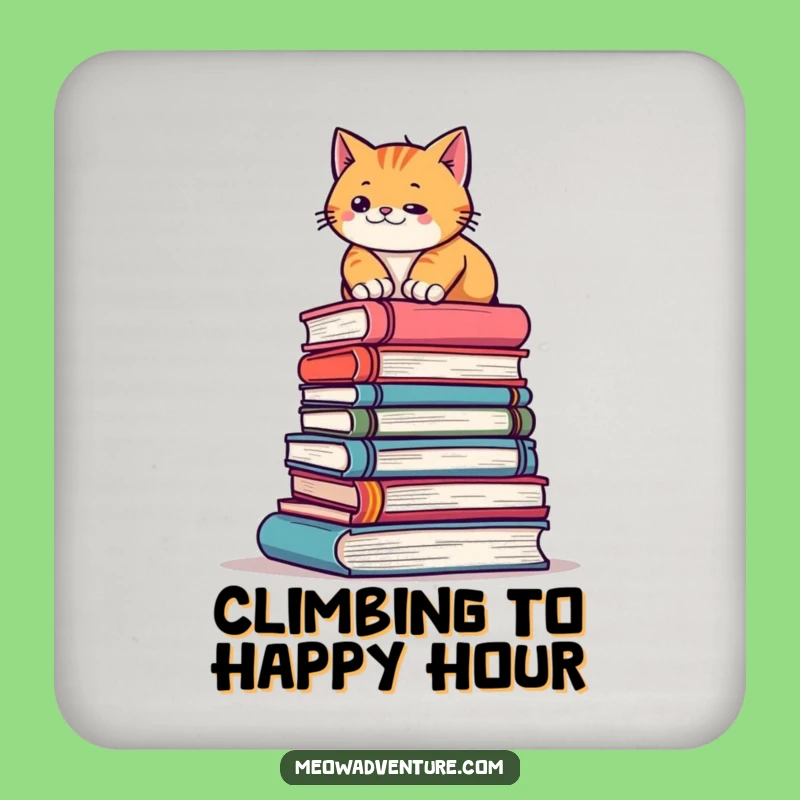 Funny Cat Climbing Books Coaster - Literary Protection, Hilarious Gift for Bookworms