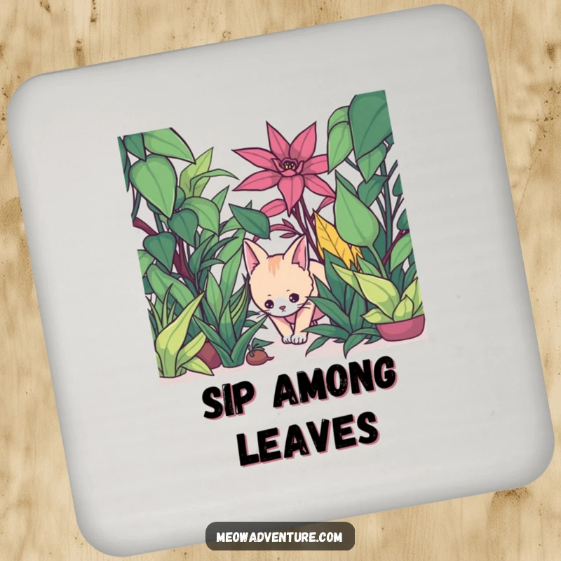Funny coasters with a stealthy cat creeping through oversized houseplants, protecting surfaces with stealth.