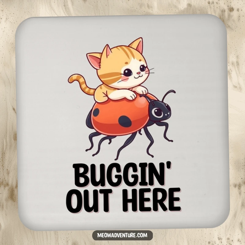 Funny coasters showcasing a mischievous cat riding a giant ladybug, protecting surfaces with humor and style.