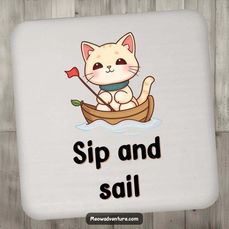 Funny cat sailing on a leaf boat, protecting surfaces with nautical-themed humor for a funny coaster.