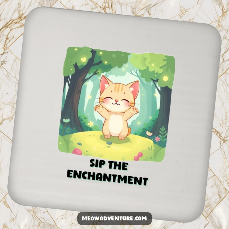 Funny set of drink coasters depicting a curious cat with paws outstretched, exploring a magical, glowing forest.