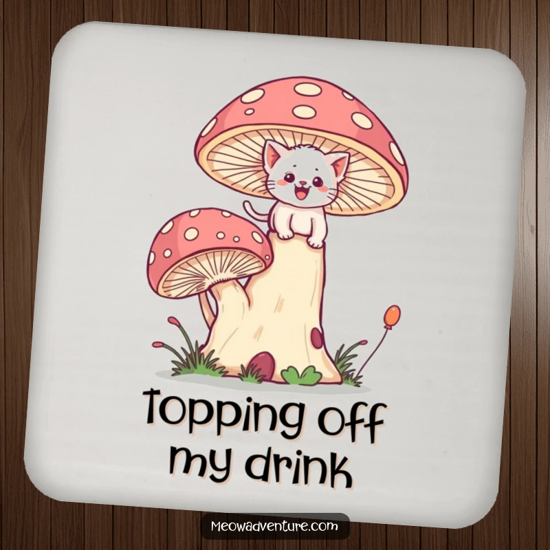 Funny set of drink coasters depicting a brave kitten joyfully scaling a giant, whimsical mushroom.