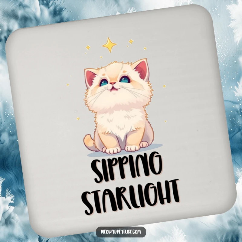 Funny fluffy kitten gazing at a starry night sky, depicted on coasters, adding celestial charm to tabletops.
