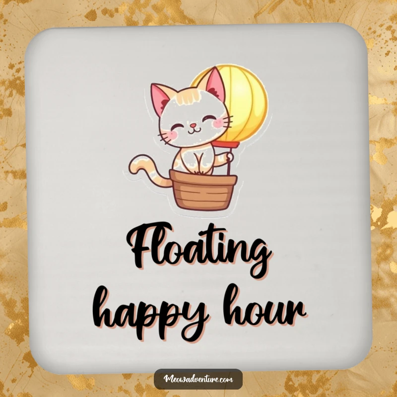 Funny Cat Coaster: A mischievous cat rides a glowing hot air balloon, adding humorous charm and surface protection.