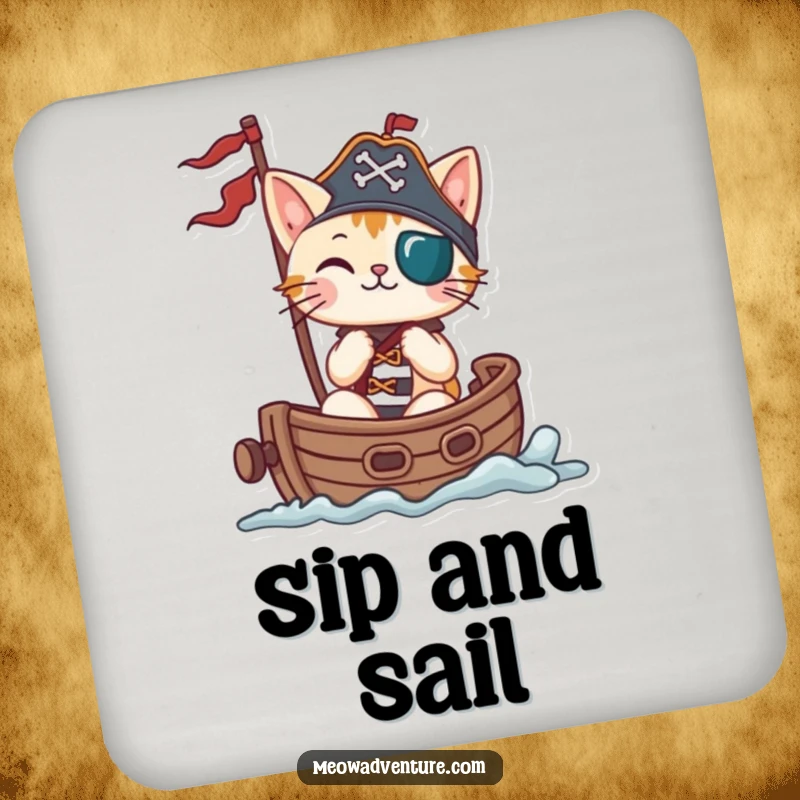 Funny cat pirate sailing a tiny ship, depicted on drink coasters, protecting surfaces with humor.