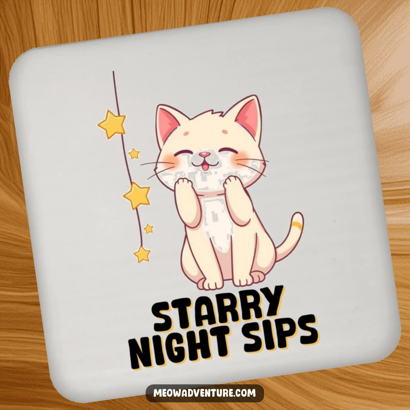 Funny drink coaster showing a playful cat batting at a string of stars, perfect for adding a touch of cosmic whimsy.