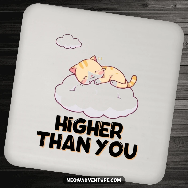 Funny coasters showcasing a sleepy cat napping on a cloud, offering surface protection with whimsical charm.
