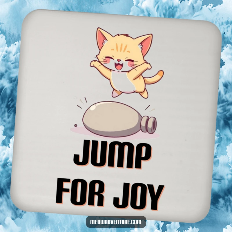 Funny kitten coasters, a joyful cat gracefully leaping over a drink glass, protecting surfaces with feline humor.