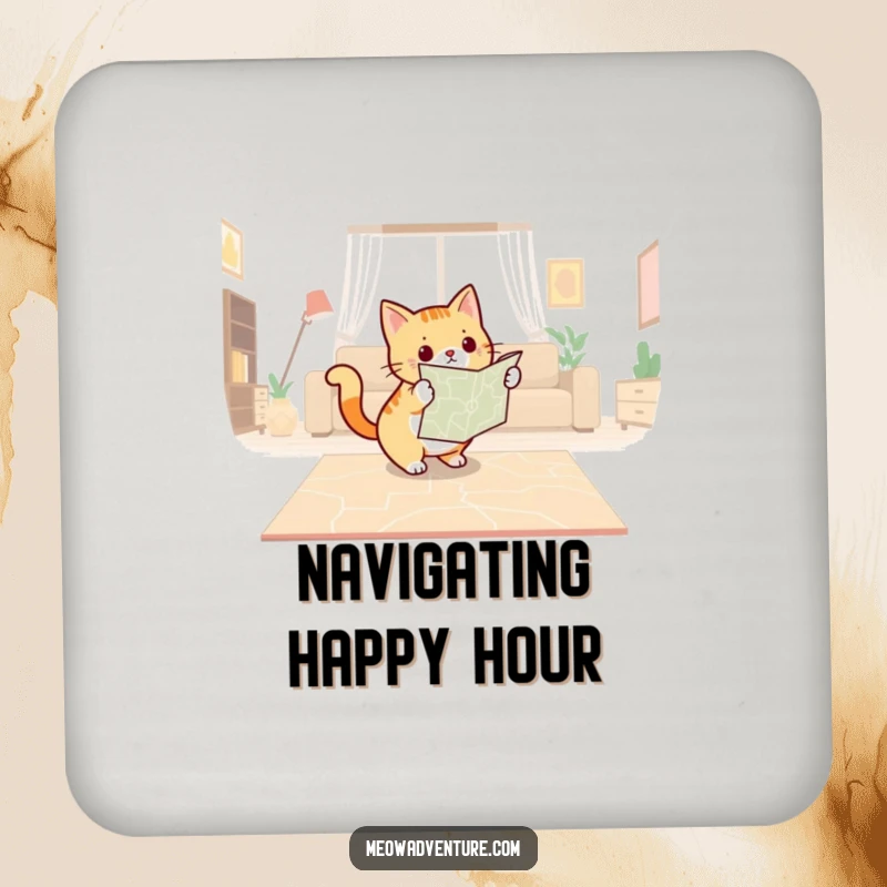 Funny drink coaster featuring a determined cat with a map, plotting a course across a living room floor, adding adventure.