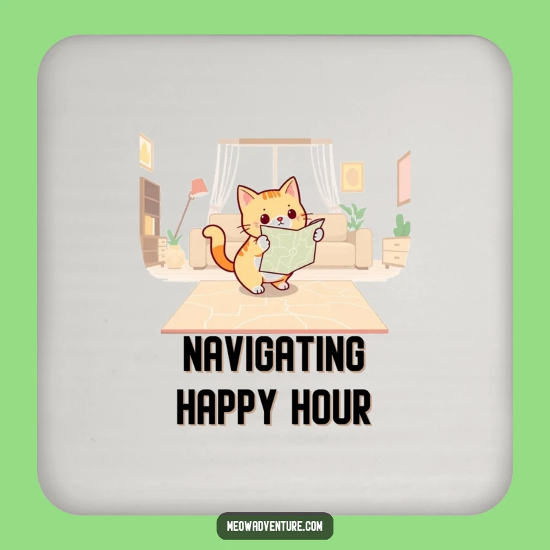 Funny Cat Navigator Drink Coaster: Adventurous Surface Protection, Quirky Map Gift