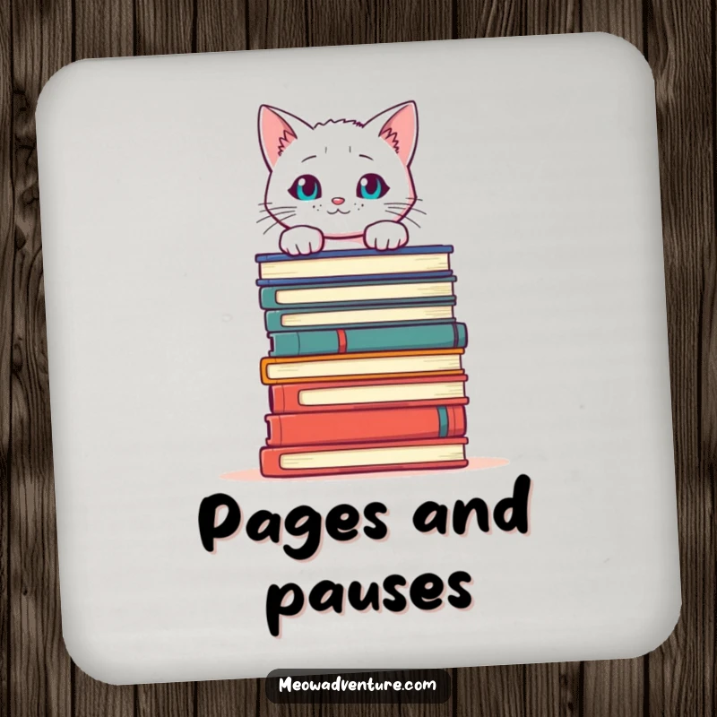 Funny Cat Books Drink Coaster with a curious white cat peeking over books, adding literary charm and surface protection.