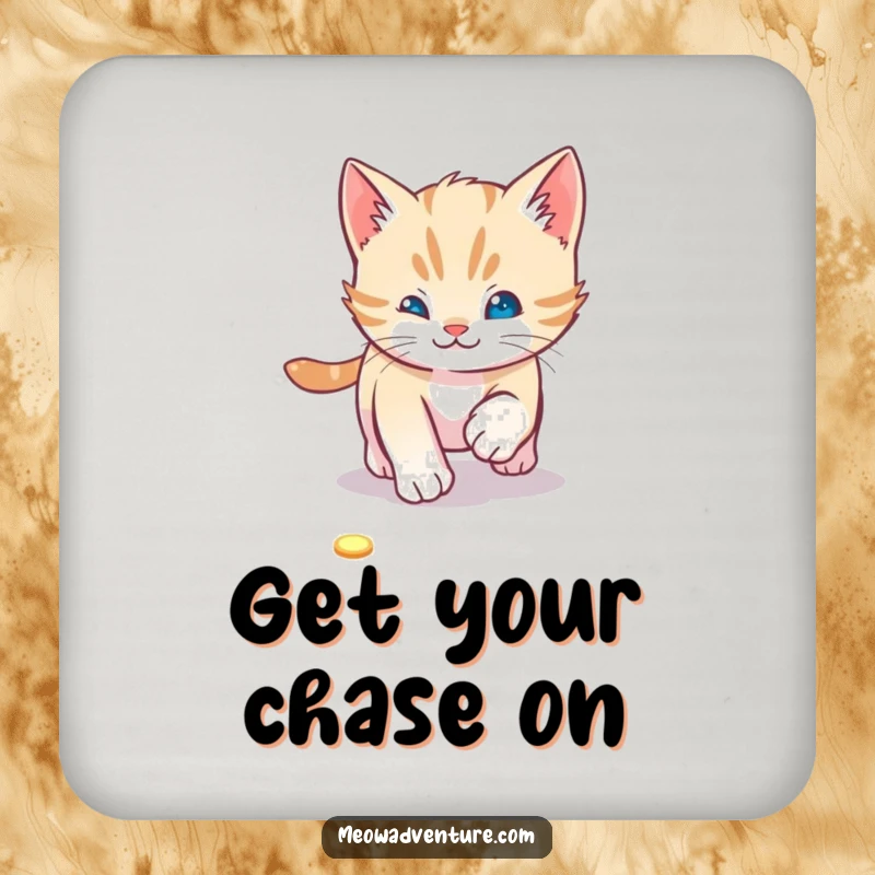 Playful kitten drink coaster featuring a cat chasing a laser pointer dot, adding fun and protection to surfaces.