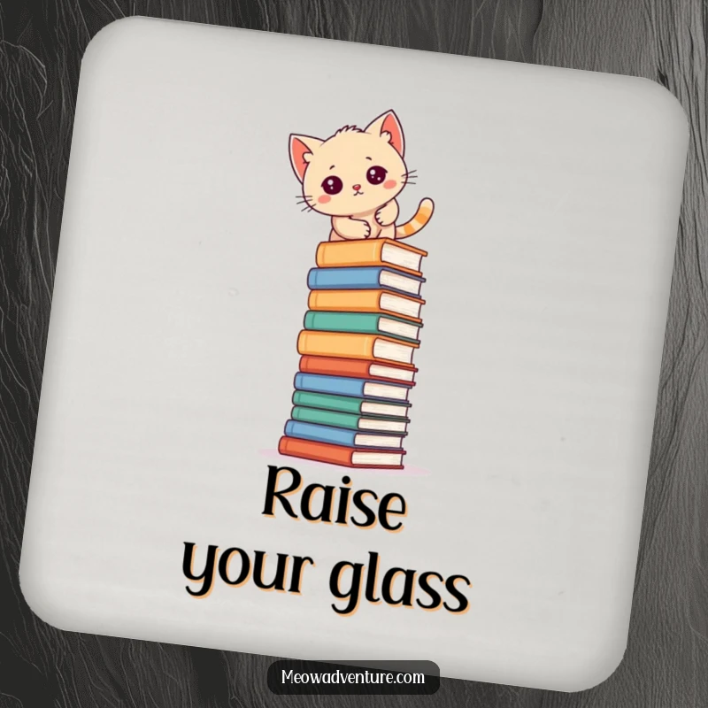 Funny kitten climbing a tall stack of books on drink coasters, adding humor to table protection.