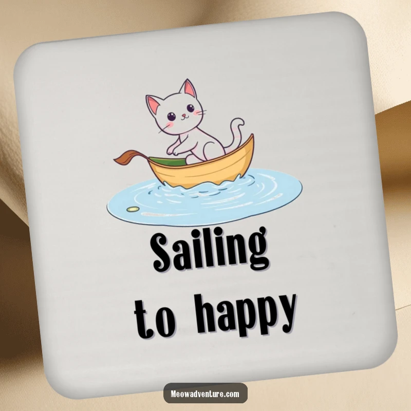 Funny coasters showcasing an adventurous cat sailing on a leaf boat, offering stylish protection with a nautical theme.