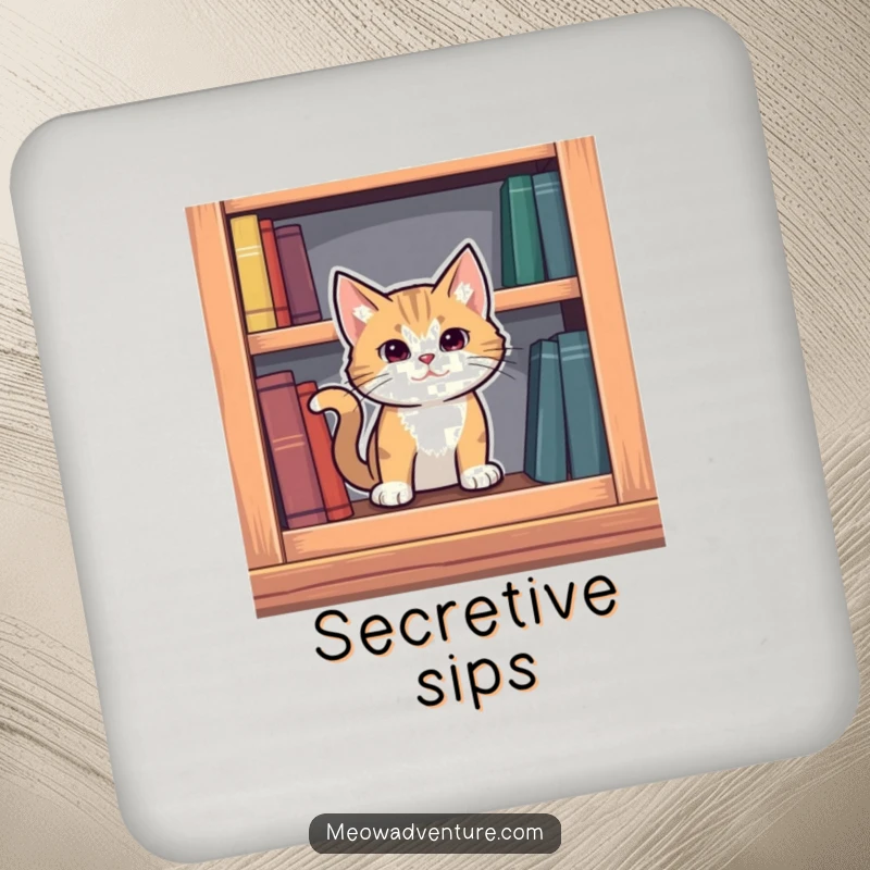 Funny mysterious cat emerging from a secret compartment in a bookshelf, guarding your drinks on this humorous coaster.