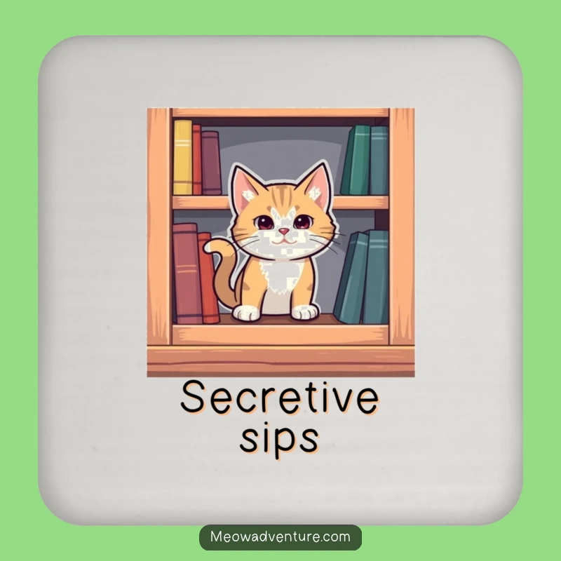 Funny Mysterious Cat Coaster: Bookshelf Secret - Protect Surfaces with Intrigue!