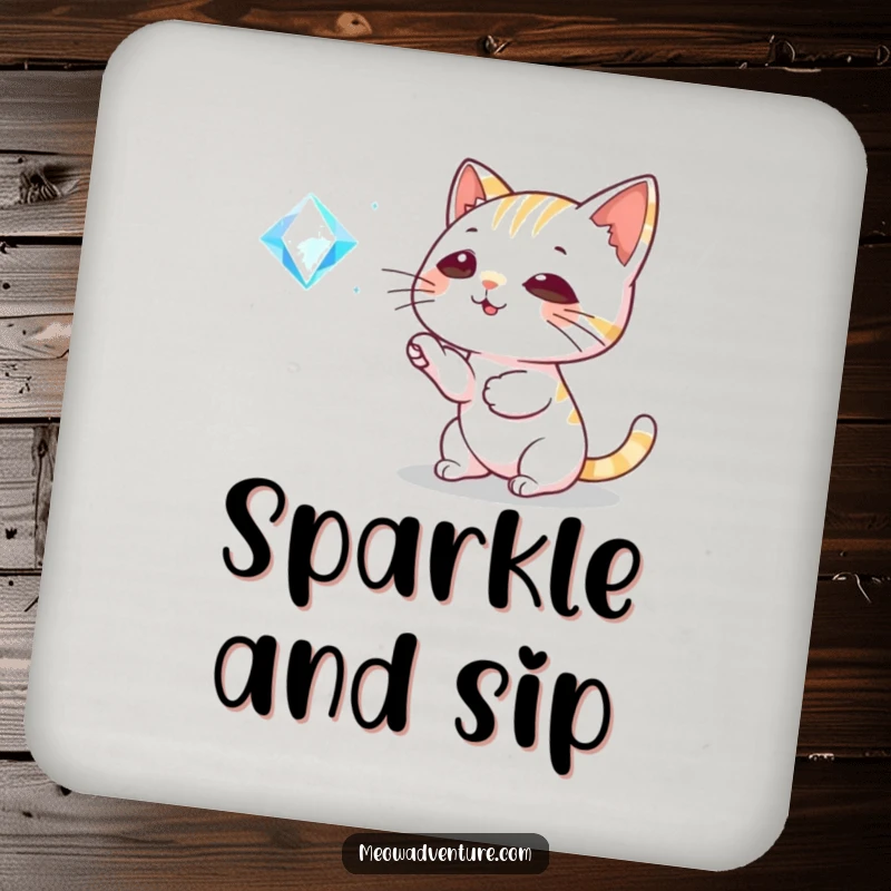 Funny Cat Coaster: A playful cat bats at a sparkling gem, adding humorous charm and surface protection with a touch of bling.
