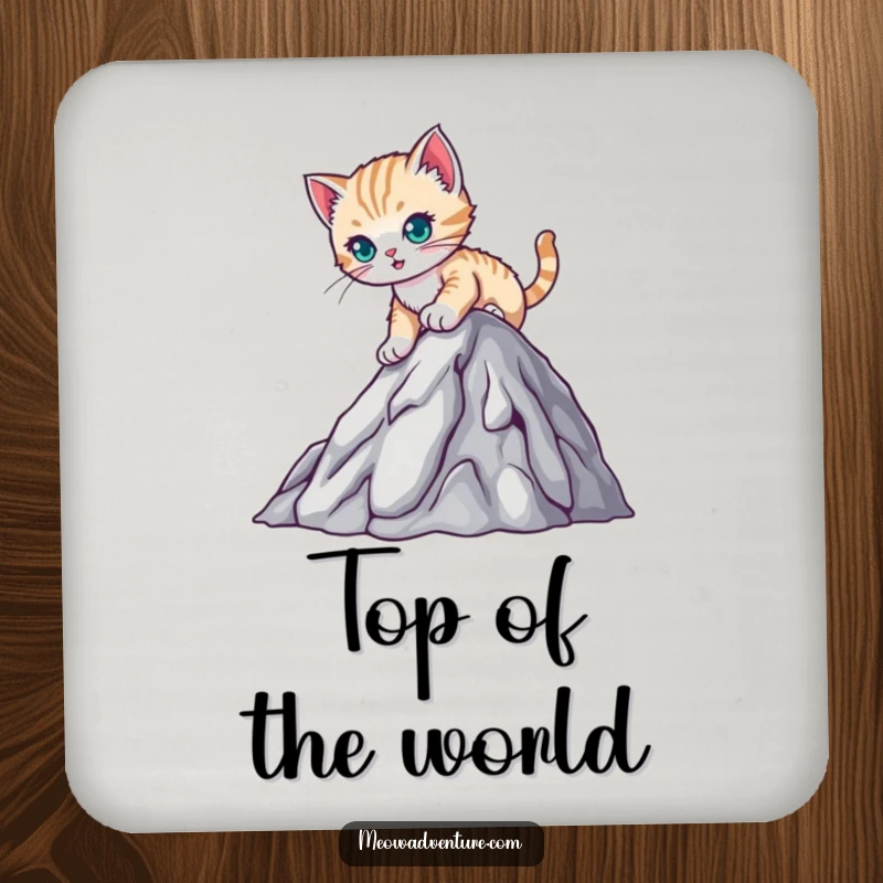 Funny drink coaster featuring a determined kitten climbing a mountain, protecting tables with a humorous and inspiring design.