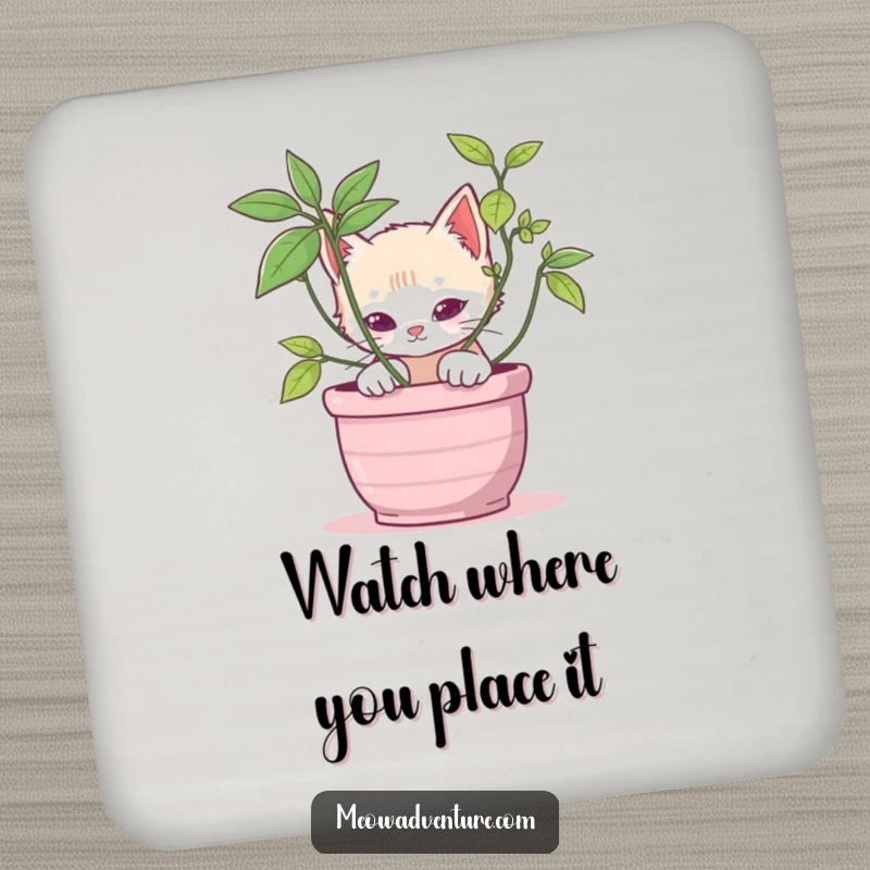 Stealthy kitten drink coaster featuring a cat peeking from behind a potted plant, adding playful charm and surface protection.