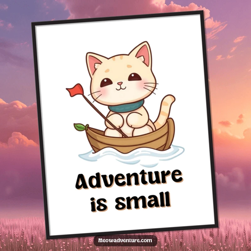 Funny cat sailing on a leaf boat, whimsical art print, evoking a sense of adventure and humor for poster lovers.