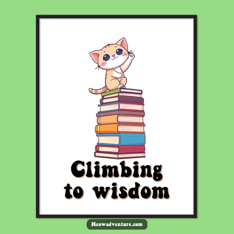 Funny Brave Cat Book Stack Poster: Inspirational Wall Art for Readers