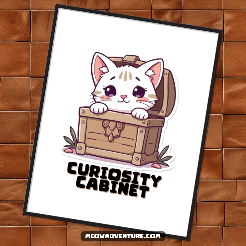 Funny Cat Poster: A curious cat peeks from behind a treasure chest filled with gold, creating intriguing and humorous wall art.