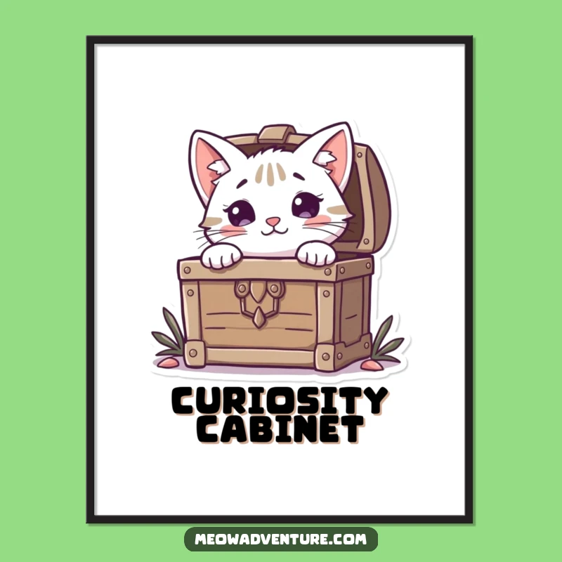 Funny Curious Cat Treasure Chest Poster: Enchanting Wall Art for Cat Fans
